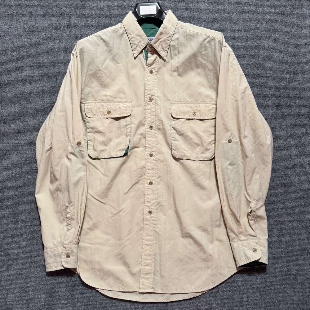 Sportif USA Shirt Mens Large Nylon‎ Fishing Vented Back Roll Tab Tan Green 90s